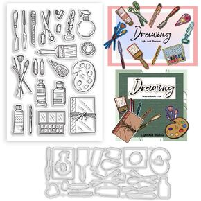 2pcs Painting Tools Clear Stamp Palettes Die Cuts Spatula Pen Silicone Stamp Brush Cutting Die DIY Art Handbook Rubber Stamps and Dies for Scrapbooking Card Making Embossing Album Craft
