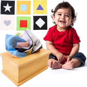 Sensory Tissue Box Toy for Babies 6-12 Months - Montessori Baby Tissue Box with Crinkle Paper, Natural Wooden Toy for Infants