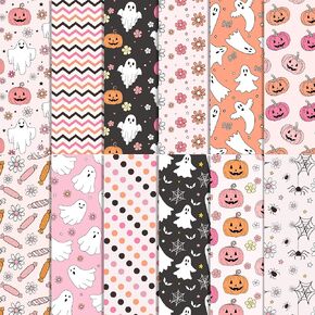 Bolsome 24 Sheets Halloween Boho Scrapbook Paper Pink Black Cute Ghost Pumpkin Floral Boo Pattern Paper for Card Making Photo Album Journal Craft Supplies, 11.8 × 11.8 Inches