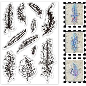 PH PandaHall Feather Clear Stamps Set 11pcs Rubber Stamp Transparent Silicone Stamps for Scrapbooking Retro Vintage Acrylic Stamps for Journaling Diary Greeting Card Making Album Decoration