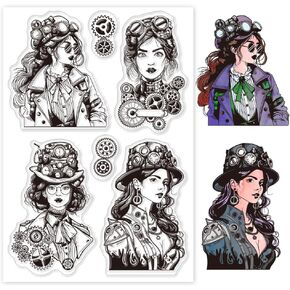 GLOBLELAND Steampunk Lady Clear Stamps for DIY Scrapbooking Gear Lady Silicone Stamp Seals Transparent Stamp for Cards Making Photo Album Journal Decoration 6.3×4.33inch