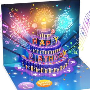 بطاقات عيد ميلاد الألعاب النارية، بطاقات تهنئة كعكة عيد ميلاد قابلة للنفخ ثلاثية الأبعاد مع موسيقى أضواء، هدايا عيد ميلاد سعيد للنساء والرجال والأطفال والأم والأب والجدة