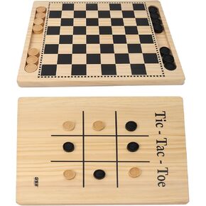 GSE Games & Sports Expert 2-in-1 Reversible Natural Wood Checkers and Tic-Tac-Toe Board Game Combo Set with Game Pieces, Family Game for Kids & Adults