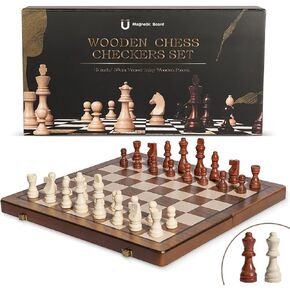 Chess Set Magnetic,15 Inches Wooden Chess Board Ggame, 2 Queen Pieces Magnetic, 2 in 1, Folding Board, Suitable for Beginners All Chess Lovers in Kuwait