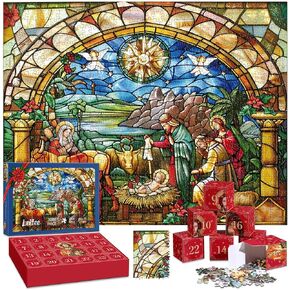Leitee Advent Calendar Jigsaw Puzzle Nativity Scene 1008 Pieces Stained Glass Puzzle 24 Boxes Christmas Countdown Calendar Jigsaw Puzzles Holiday Religious Jesus Christian Puzzle for Xmas Gift