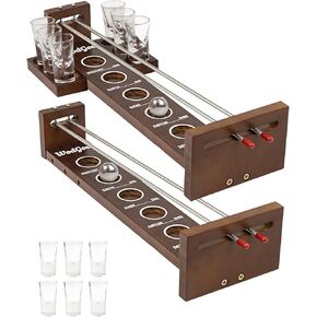 Shoot The Moon Game,with 2 Wine Glass Plate&6 Glasses, Large 17 inches,Classic Desktop Games, Solid Wood Board with Metal Ball and Rods, Retro Balancing Game for Family and Bar (Cherry)