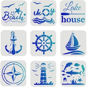 FINGERINSPIRE 9 Pcs Compass Anchor Stencil 6x6 inch Plastic Nautical Theme Painting Stencil Sea Life Stencil Beach Sailboat Lighthouse Fish Stencils Reusable Stencils for Painting on Wood, Floor, Wall