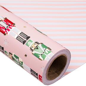 LeZakaa Reversible Christmas Wrapping Paper - Jumbo Roll - Pink Metallic Foil Gift Wrap Paper with Nutcracker & Stripe - 30 inches x 100 Feet (200 sq.ft.)