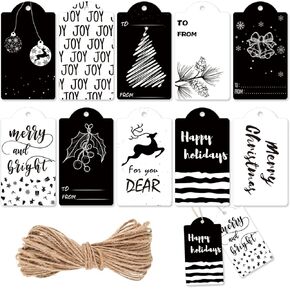 120 Pcs Black and White Christmas Gift Tags Winter Paper Gift Tags Christmas Hang Tags with String Tags for Christmas Holiday Party Favor Wrapping Christmas Decorations, 10 Styles