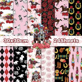24 Sheets Horse Pattern Pad 11.8'' x 11.8'' Run for the Roses Scrapbook Paper Pad Red Rose Equestrian Horse Boots Style Double-Sided Cardstock Paper Pack for Background Card Making Origami DIY