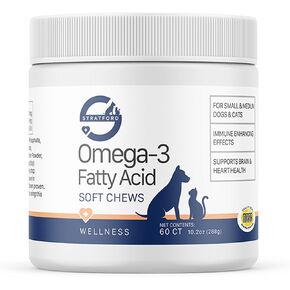 Stratford Pharmaceuticals EZ Chew Omega 3 Fatty Acid Soft Chew Max Strength - Dog Omega 3 Supplement - Soft Chew Treats with Fish Oil for Dogs - Small and Medium Dogs - 60 Soft Chews