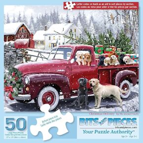 Bits and Pieces - 50 Piece Jigsaw Puzzle for Seniors - 15" x 19" - Christmas Delivery - 50 pc Large Lettered Pieces Christmas Dogs by The Macneil Studio
