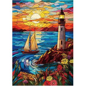 Stained Glass Lighthouse Puzzles for Adults 1000 Pieces, Sunset Beach Scene Mosaic Glass Jigsaw Puzzles, Seaside Flowers Sailboat Lighthous Art Puzzle