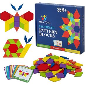 155 Pcs Wooden Pattern Blocks with 24 Design Cards – 3 to 8 Years Kids Toys, Thick Multicolored Tangrams - Geometric Shape Puzzles for Kindergarten Kids Learning