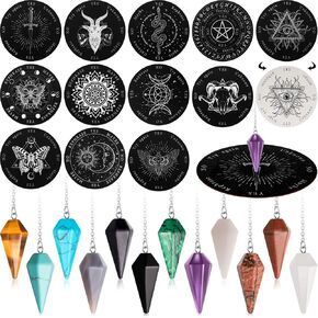 24 Pieces Crystal Pendulums Bulk Set Pendulum Board and Dowsing Pendants Divination Tools Wooden Communication Board with Crystal Pendulums for Beginners Witchcraft Altar Supplies, White and Black