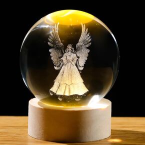 60mm Crystal Guardian Angel Statue Decorative Ball Figurines with Wooden Base, Crystal Guardian Angel Gifts for Women, 3D Crystal Ball Angel Figurines Glass Paperweight Home Decor