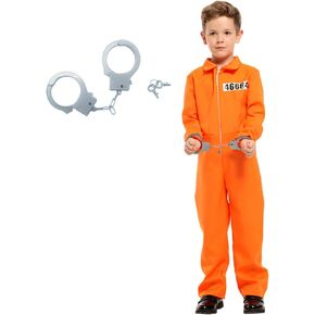 Prisoner Costume Kids,Orange Prisoner Jumpsuit with Handcuffs,Jailbird Inmate Prison Uniform