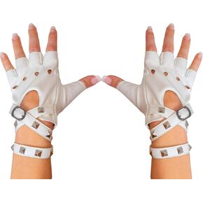 Skeleteen Fingerless Faux Leather Gloves - White Biker Punk Gloves with Belt Up Closure and Rivet Design for Women and Kids