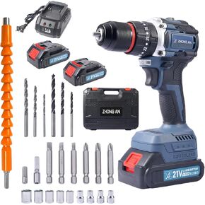 ZHONGAN 10mm(3/8") Cordless Drill 2 Variable Speed,with 1 Charger and 2 Batteries,Electric Power Drill Set 24 Driver Bits,Durable and Portable,21V 2000mAh
