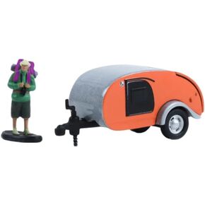 Collectibles Greenlight 34130-F Hitched Homes Series 13 - Teardrop Trailer with Backpacker Figure - Bright Orange and Silver 1/64 Scale