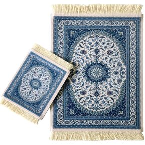 Traditional Promotional Persian Carpet Design Mouse Pad Coaster One Big One Small Elegant Office Set Featured Doll Room Carpet Mat (Blue & White)