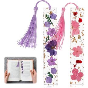 2 Pcs Flower Bookmark, Resin Dried Flower Bookmarks Transparent Pressed Flower Book Mark Handmade Flower Page Marker Cute Bookmark with Tassel for Reading Women Book Lovers Gift (Purple+Pink)