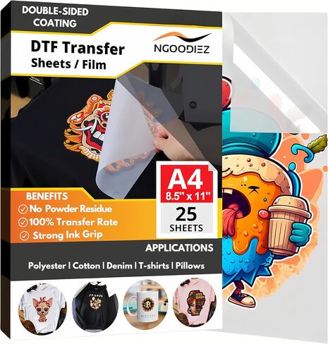 NGOODIEZ DTF Transfer Film Double-Sided Matte Clear DTF Transfer Paper PreTreat Sheets, PET Heat Transfer Paper Suited for All Modified Desktop DTF Printers - A4 (8.3" x 11.7"), 25 DTF Film Sheets in Saudi Arabia