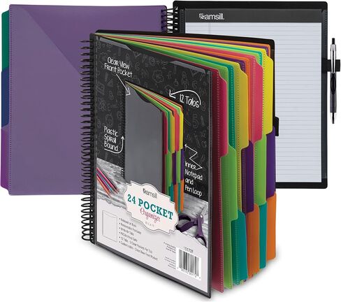 Samsill Deluxe 24 Pocket Spiral Project Organizer with Refillable Notepad Holder, Customizable Front Cover, 12 Dividers with Erasable Write-On Tabs in Fashion Colors, Plastic Folders with Pockets in Saudi Arabia