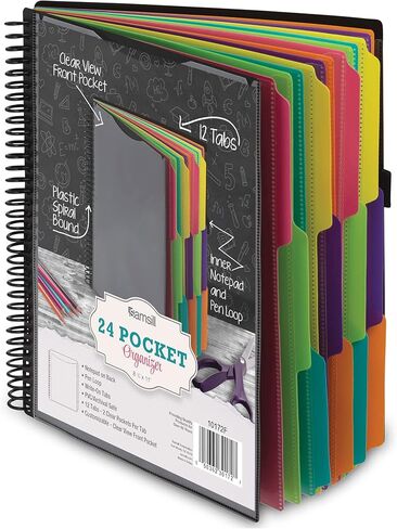Samsill Deluxe 24 Pocket Spiral Project Organizer with Refillable Notepad Holder, Customizable Front Cover, 12 Dividers with Erasable Write-On Tabs in Fashion Colors, Plastic Folders with Pockets in Saudi Arabia