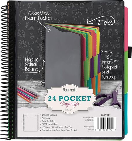 Samsill Deluxe 24 Pocket Spiral Project Organizer with Refillable Notepad Holder, Customizable Front Cover, 12 Dividers with Erasable Write-On Tabs in Fashion Colors, Plastic Folders with Pockets in Saudi Arabia