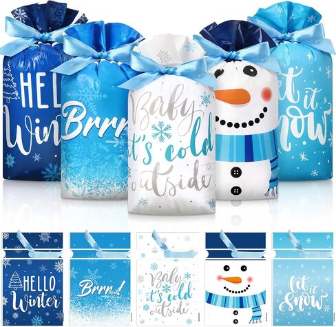 Pasimy 50 Pcs Hello Winter Gift Bags Winter Snowflake Drawstring Plastic Bag Bulk Winter Snowman Treat Bags with Ties Frozen Gift Wrapping Sacks for Winter Xmas Birthday Party Favors Supplies in Saudi Arabia