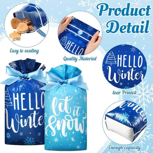 Pasimy 50 Pcs Hello Winter Gift Bags Winter Snowflake Drawstring Plastic Bag Bulk Winter Snowman Treat Bags with Ties Frozen Gift Wrapping Sacks for Winter Xmas Birthday Party Favors Supplies in Saudi Arabia