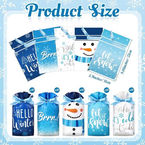 Pasimy 50 Pcs Hello Winter Gift Bags Winter Snowflake Drawstring Plastic Bag Bulk Winter Snowman Treat Bags with Ties Frozen Gift Wrapping Sacks for Winter Xmas Birthday Party Favors Supplies in Saudi Arabia