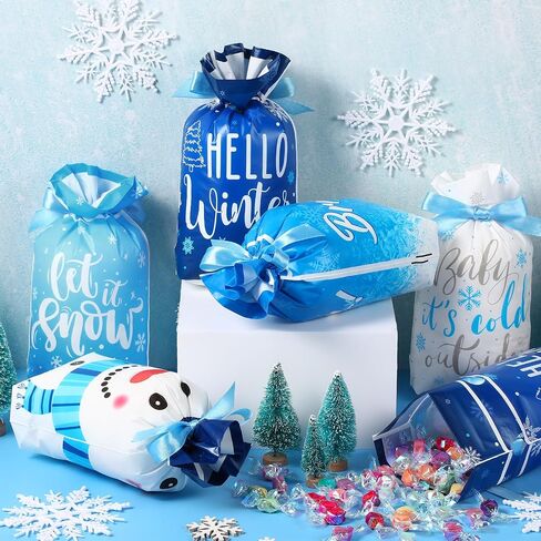Pasimy 50 Pcs Hello Winter Gift Bags Winter Snowflake Drawstring Plastic Bag Bulk Winter Snowman Treat Bags with Ties Frozen Gift Wrapping Sacks for Winter Xmas Birthday Party Favors Supplies in Saudi Arabia