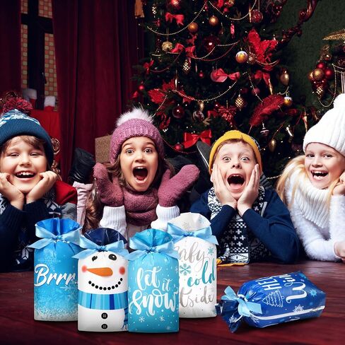 Pasimy 50 Pcs Hello Winter Gift Bags Winter Snowflake Drawstring Plastic Bag Bulk Winter Snowman Treat Bags with Ties Frozen Gift Wrapping Sacks for Winter Xmas Birthday Party Favors Supplies in Saudi Arabia