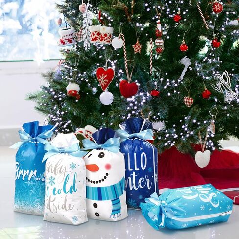 Pasimy 50 Pcs Hello Winter Gift Bags Winter Snowflake Drawstring Plastic Bag Bulk Winter Snowman Treat Bags with Ties Frozen Gift Wrapping Sacks for Winter Xmas Birthday Party Favors Supplies in Saudi Arabia