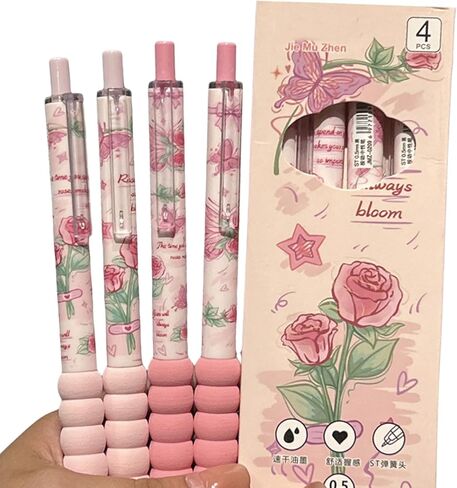 4 Pcs Cute Retractable Pens Cute Gel Ink Pens Butterfly Rose Pens 0.5mm Black Ink Gel Pens Office School Pens Writing Pens Aesthetic Pens Women Girls Pens (Butterfly Rose-1) in Saudi Arabia