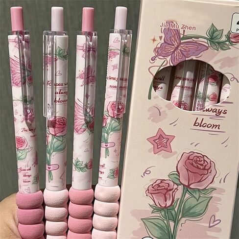 4 Pcs Cute Retractable Pens Cute Gel Ink Pens Butterfly Rose Pens 0.5mm Black Ink Gel Pens Office School Pens Writing Pens Aesthetic Pens Women Girls Pens (Butterfly Rose-1) in Saudi Arabia