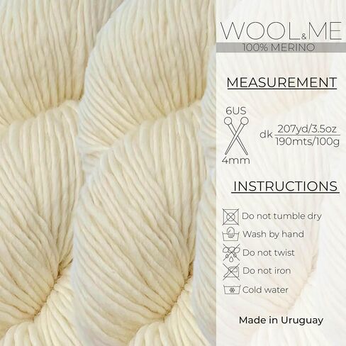 Wool&Me – 100% Merino Yarn for Crocheting & Knitting - Hand Dyed Yarn & DK Wool Yarn, Soft, Durable, and Sustainable (207 Yds, 3.5 Oz) - Luxurious Crochet Yarn (Off White Yarn) in Saudi Arabia