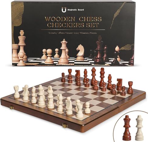 Chess Set Magnetic,15 Inches Wooden Chess Board Ggame, 2 Queen Pieces Magnetic, 2 in 1, Folding Board, Suitable for Beginners All Chess Lovers in Kuwait