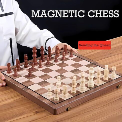 Chess Set Magnetic,15 Inches Wooden Chess Board Ggame, 2 Queen Pieces Magnetic, 2 in 1, Folding Board, Suitable for Beginners All Chess Lovers in Kuwait