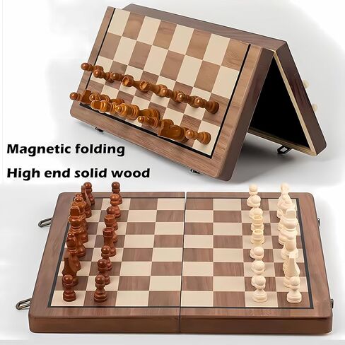 Chess Set Magnetic,15 Inches Wooden Chess Board Ggame, 2 Queen Pieces Magnetic, 2 in 1, Folding Board, Suitable for Beginners All Chess Lovers in Kuwait