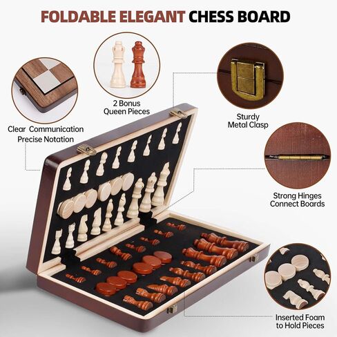 Chess Set Magnetic,15 Inches Wooden Chess Board Ggame, 2 Queen Pieces Magnetic, 2 in 1, Folding Board, Suitable for Beginners All Chess Lovers in Kuwait