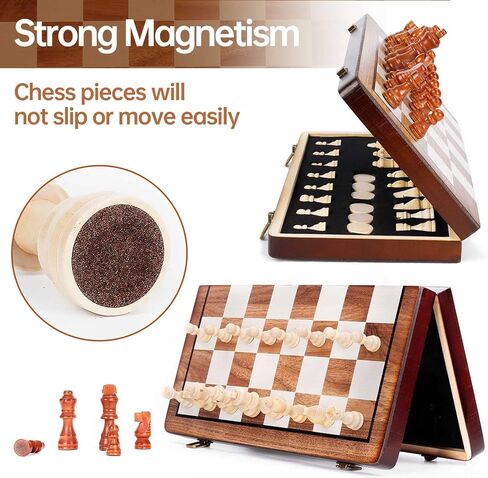 Chess Set Magnetic,15 Inches Wooden Chess Board Ggame, 2 Queen Pieces Magnetic, 2 in 1, Folding Board, Suitable for Beginners All Chess Lovers in Kuwait