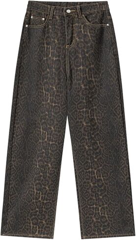 سروال Y2k سروال بطبعة الفهد جينز مستقيم الساق جينز فضفاض سروال كبير الحجم جينز واسع الساق in Kuwait