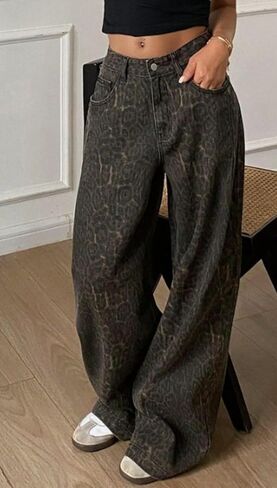 سروال Y2k سروال بطبعة الفهد جينز مستقيم الساق جينز فضفاض سروال كبير الحجم جينز واسع الساق in Kuwait