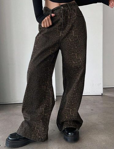سروال Y2k سروال بطبعة الفهد جينز مستقيم الساق جينز فضفاض سروال كبير الحجم جينز واسع الساق in Kuwait
