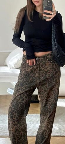 سروال Y2k سروال بطبعة الفهد جينز مستقيم الساق جينز فضفاض سروال كبير الحجم جينز واسع الساق in Kuwait