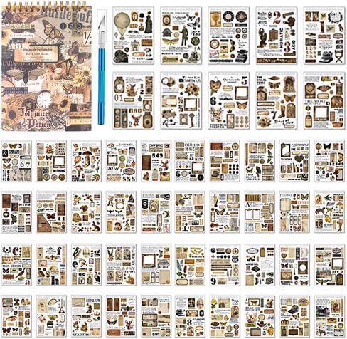 900Pcs Mini Scrapbook Washi Stickers for Journaling, 50 Sheets Vintage Sticker Book, Ephemera for Junk Journal Supplies Bullet Journals, Scrapbooking, DIY Crafts Arts in Saudi Arabia