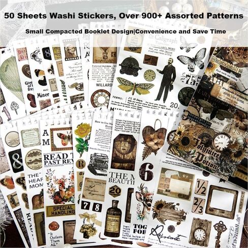 900Pcs Mini Scrapbook Washi Stickers for Journaling, 50 Sheets Vintage Sticker Book, Ephemera for Junk Journal Supplies Bullet Journals, Scrapbooking, DIY Crafts Arts in Saudi Arabia